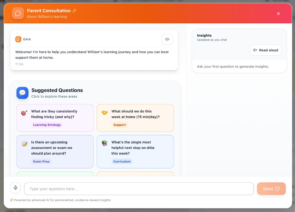 Parent consultation: suggested questions and insights panel (example)