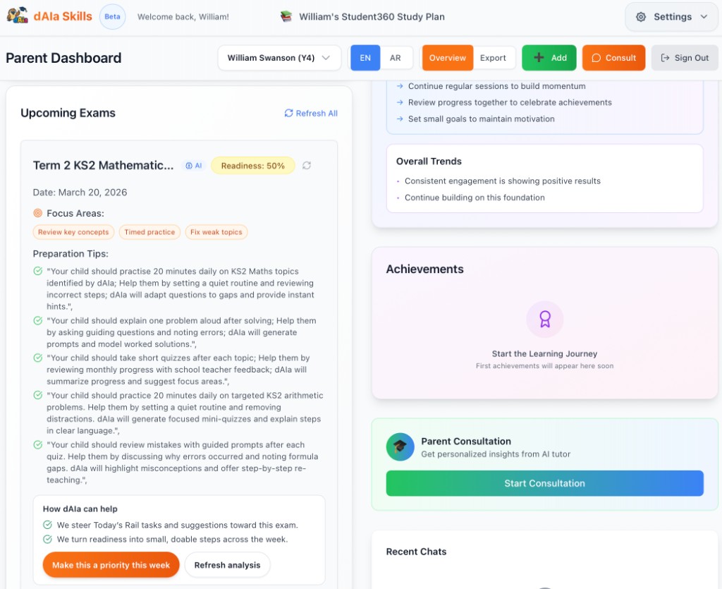 Parent dashboard: upcoming exams card and preparation tips (example)