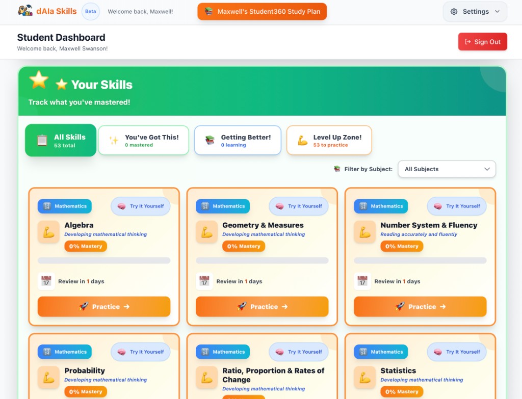 Student360 skills: skill cards and practice actions (example)